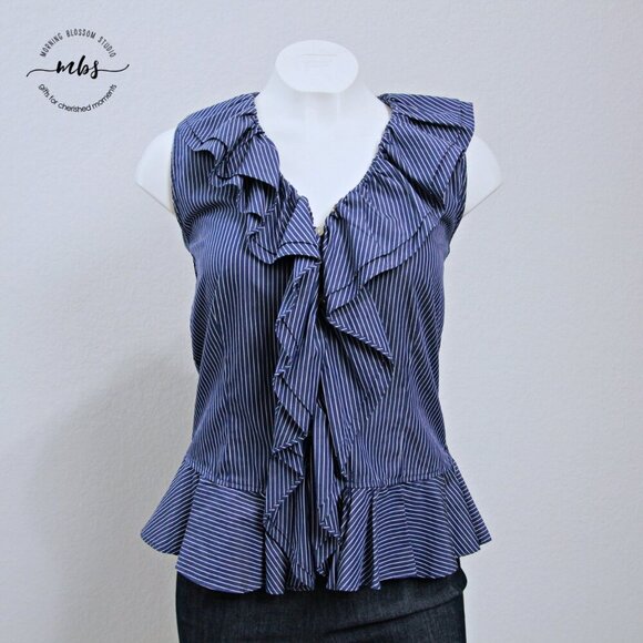 Lauren Jean Company Ralph Lauren Sleeveless Ruffle Striped Blouse Blue Women S - Picture 3 of 6